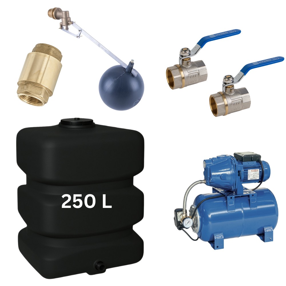 Kit „Trinkwasser 250L“ mit Wassertank Mavil (schwarz, rechteckig) und Hauswasserwerk Speroni | Trinkwassertanks |  |