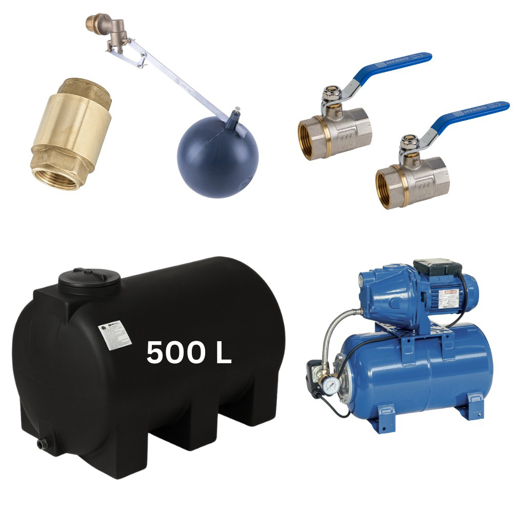 Kit „Trinkwasser 500L“ mit Wassertank Mavil (schwarz, horizontal) und Hauswasserwerk Speroni | Trinkwassertanks |  |