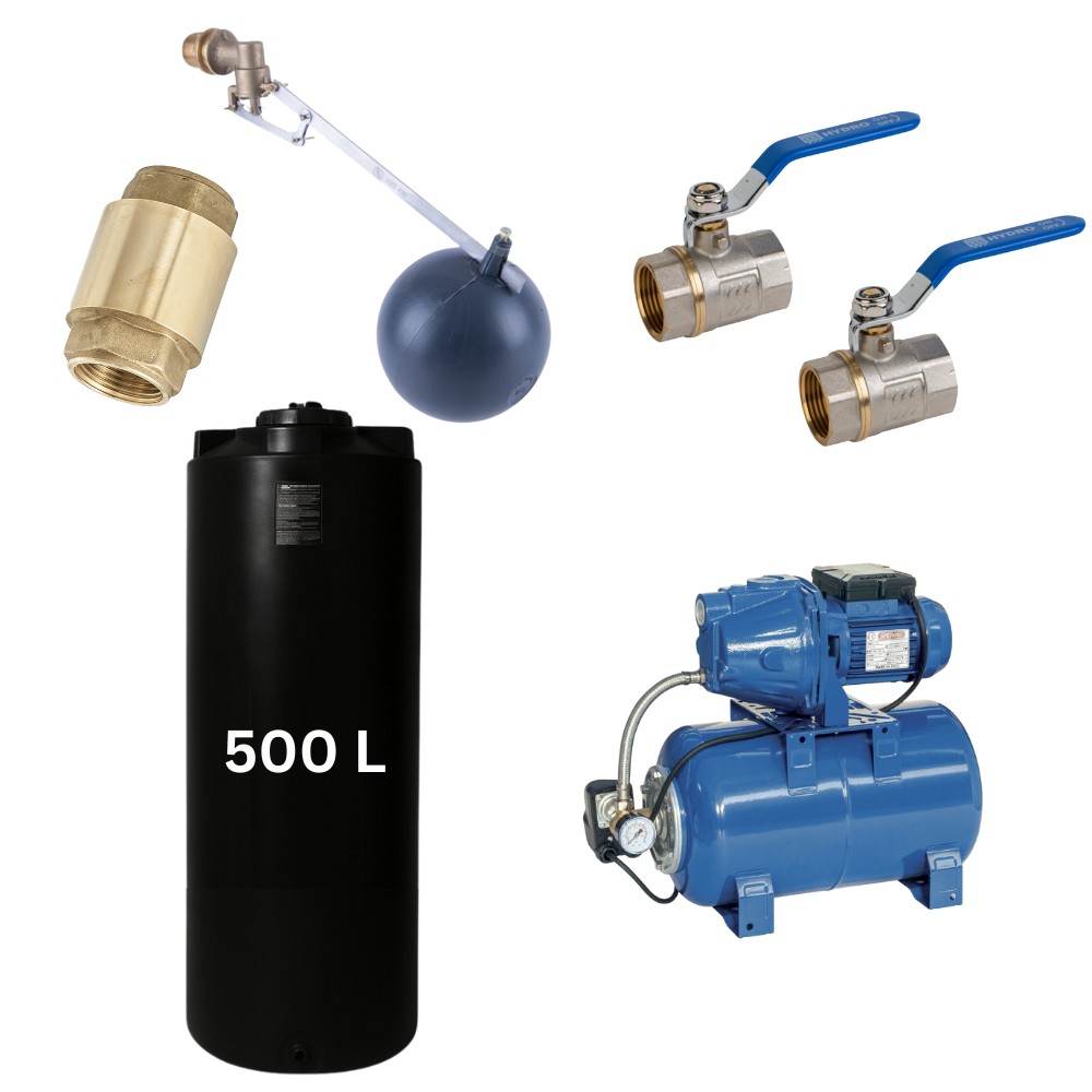 Kit „Trinkwasser 500L“ mit Wassertank Mavil (schwarz, zylindrisch) und Hydrophorpumpe Speroni | Trinkwassertanks |  |