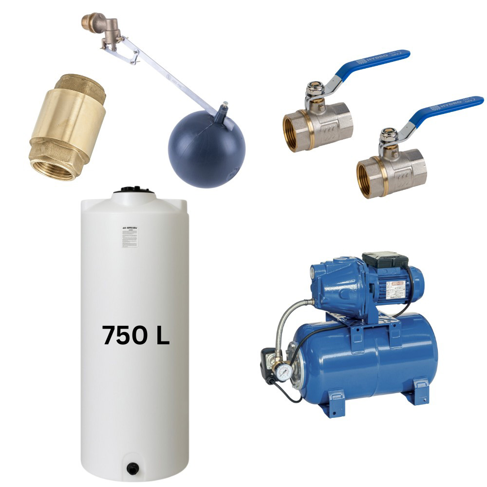 Kit „Trinkwasser 750L“ mit Wassertank Mavil (Weiß, zylindrisch) und Hydrophorpumpe Speroni | Trinkwassertanks |  |
